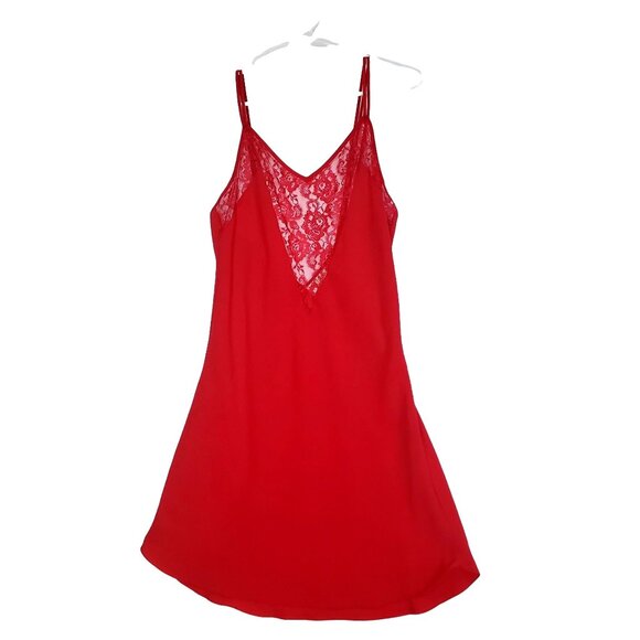 VNTG VICTORIA'S SECRET Nighty Dress‎ Womens Medium Red 80's Lace Straps V-Neck - Picture 1 of 10